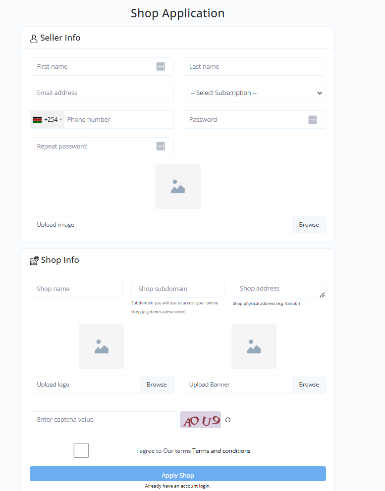 Register as a seller page
